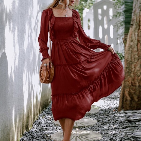 Bellanblue Dresses & Skirts - Boho Burgundy Red Ruffle A-line Midi Dress Minimalist